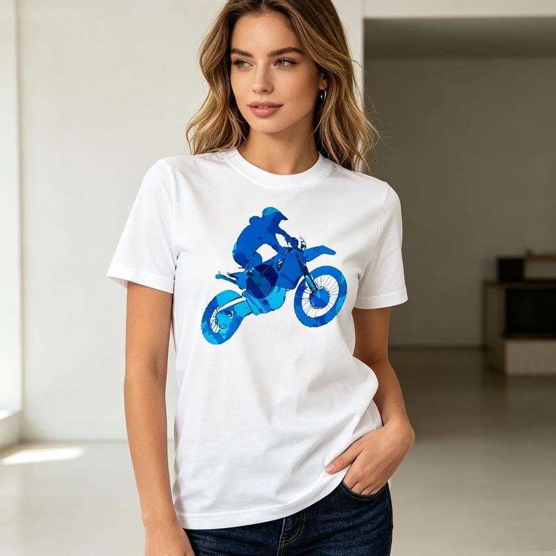 Motocross Dirt Bike Graphic T Shirt Blue Geometric Print Unisex Soft Cotton Crew Neck Short Sleeve Trendy Casual Tops