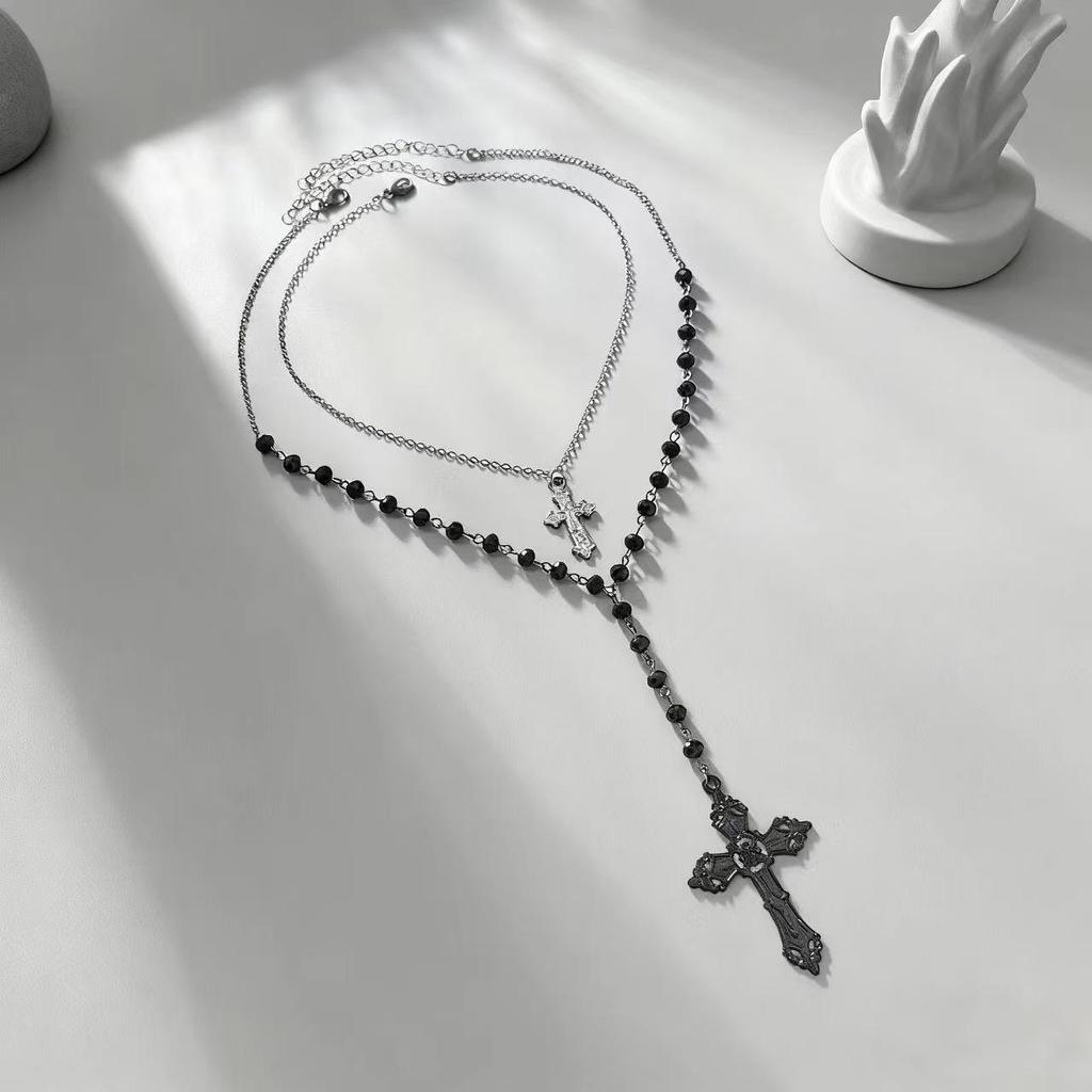 Gothic Dark Layered Cross Pendant Necklace for Women - Exaggerated Niche Design