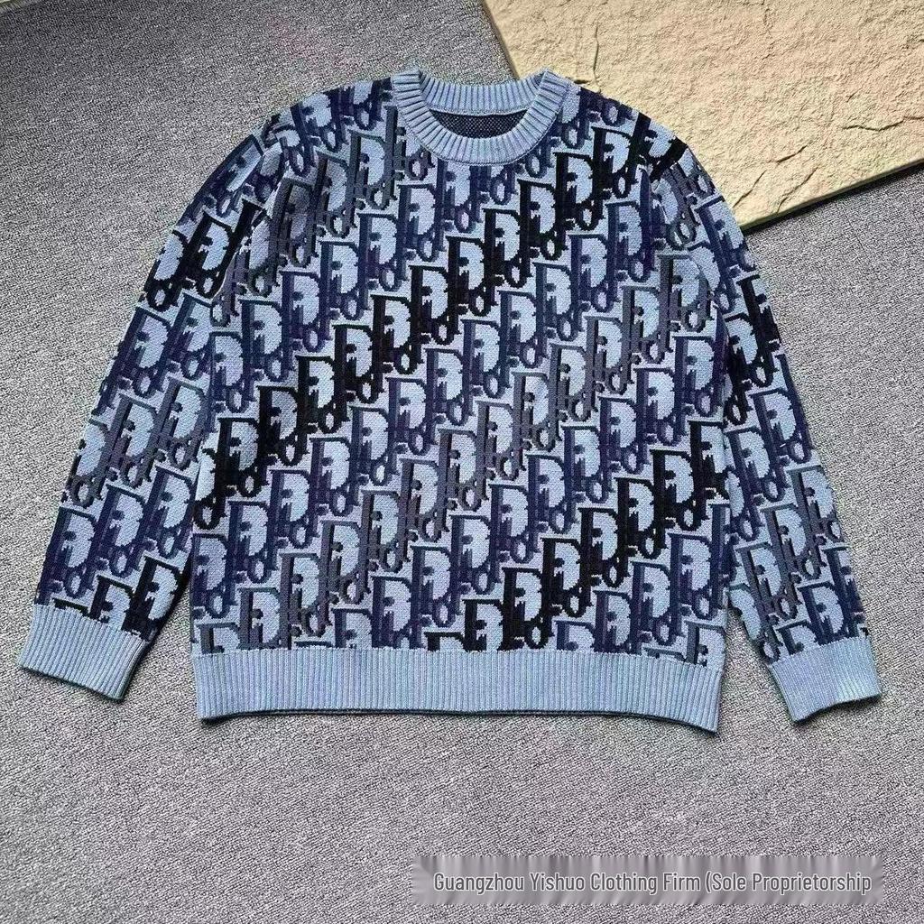 Höst/Vinter Unisex Lös Jacquardtröja med Broderat Bokstavslogotyp och Rund Hals