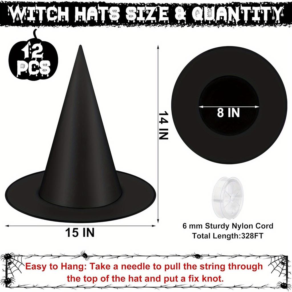 12 Pack Hanging Witch Hats Halloween Decorations Black Polyester Nylon Cord No Electricity Outdoor Home Yard Decor