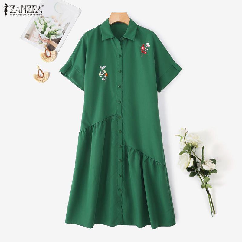 ZANZEA Women Casual Turn Down Collar Floral Embroidery Summer Short Sleeve Dress