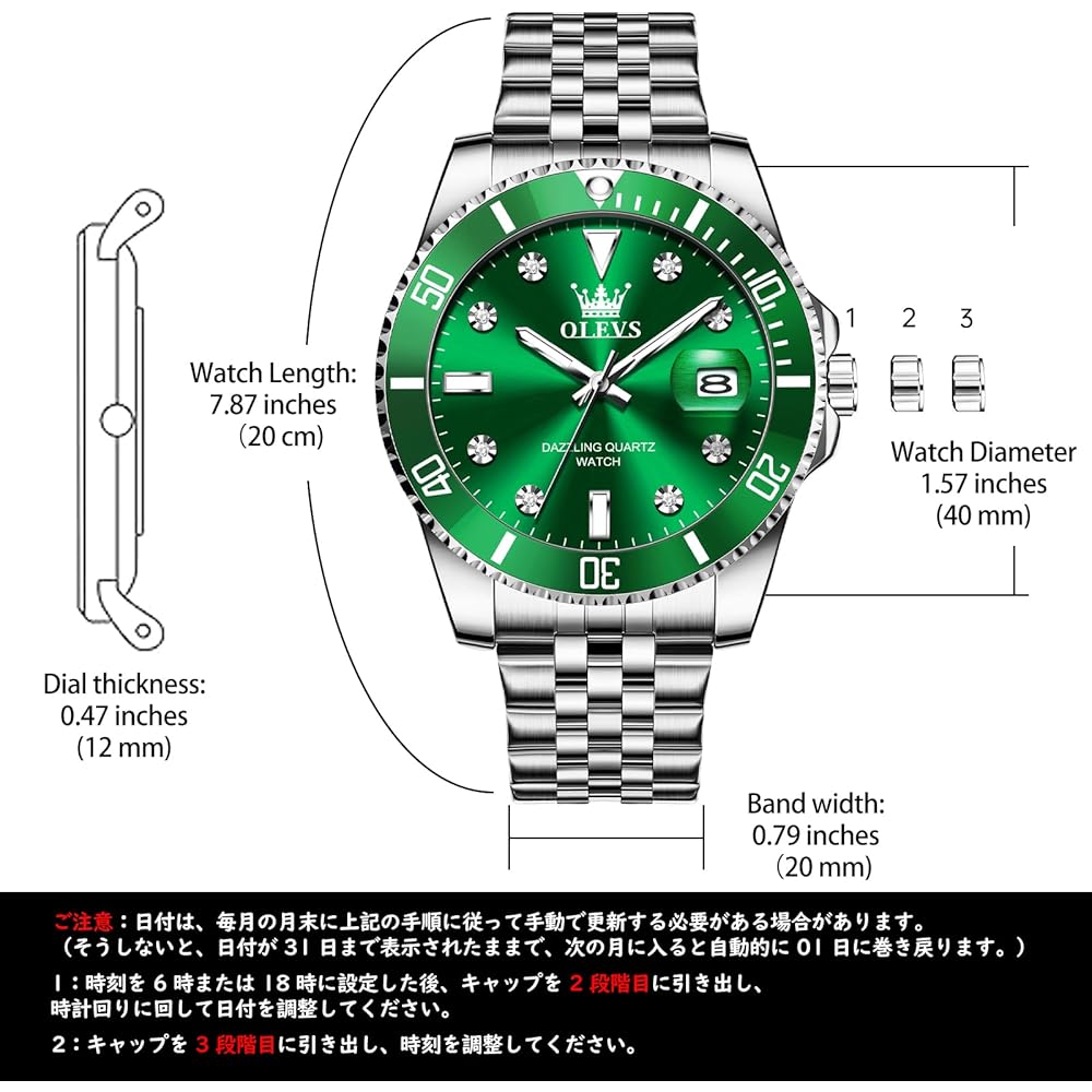 OLEVS Men's Quartz Analog Watch Waterproof Silver Stainless Steel Band Green Large Dial Business Fashion Watch
