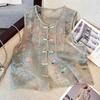 Gilet da Donna in Rete Trasparente Ricamato Casual Collo alla Mandarina Bottoni a Rana Senza Maniche Top
