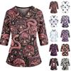 Women's Casual Halloween Print Uniform Top with V-Neck, Pockets and Side Slit, Three-Quarter Sleeve