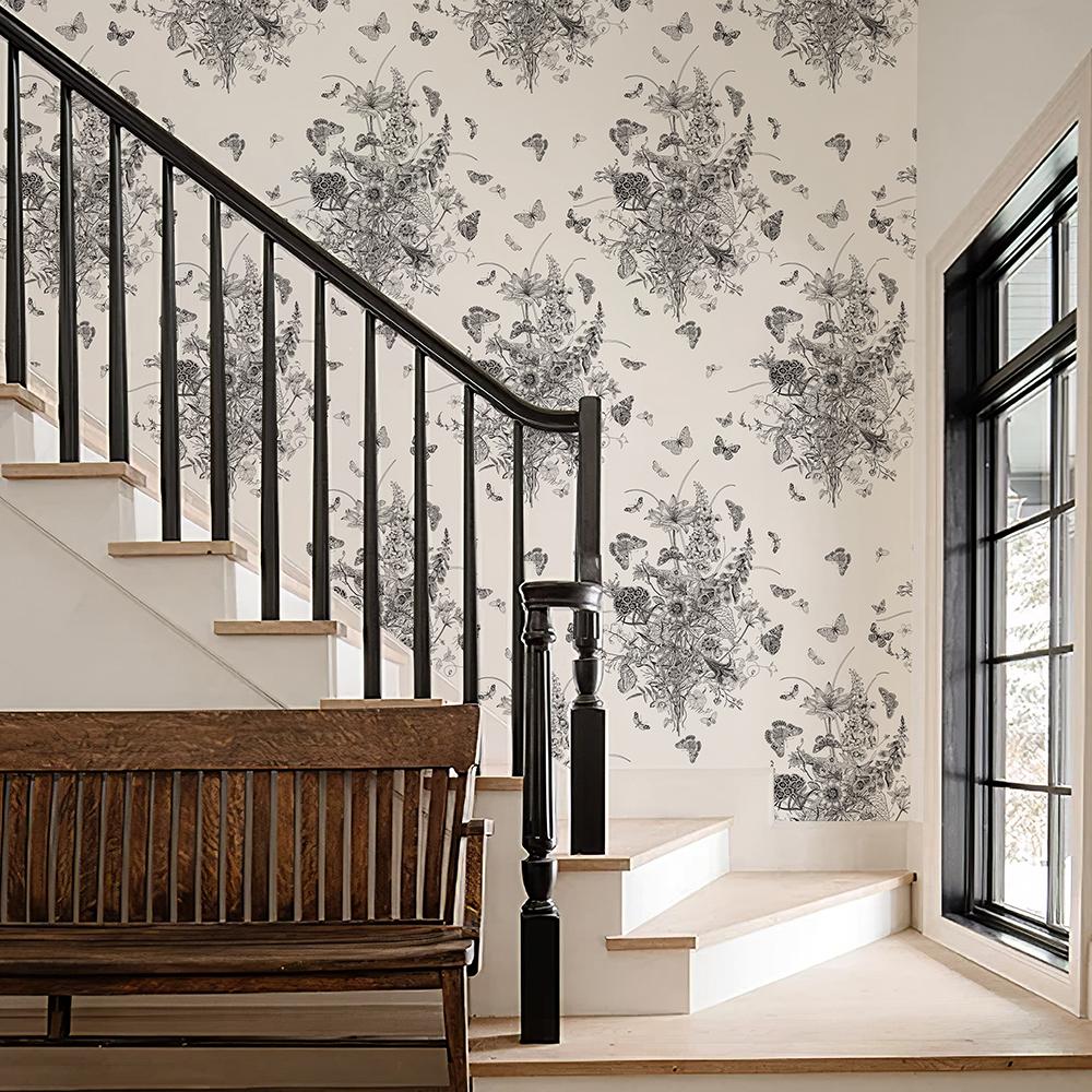 White And Black Sketch Butterfly PVC Wallpaper Retro Peel And Stick Floral Wallpaper Elegant Furniture Cabinet Vinyl Sticker