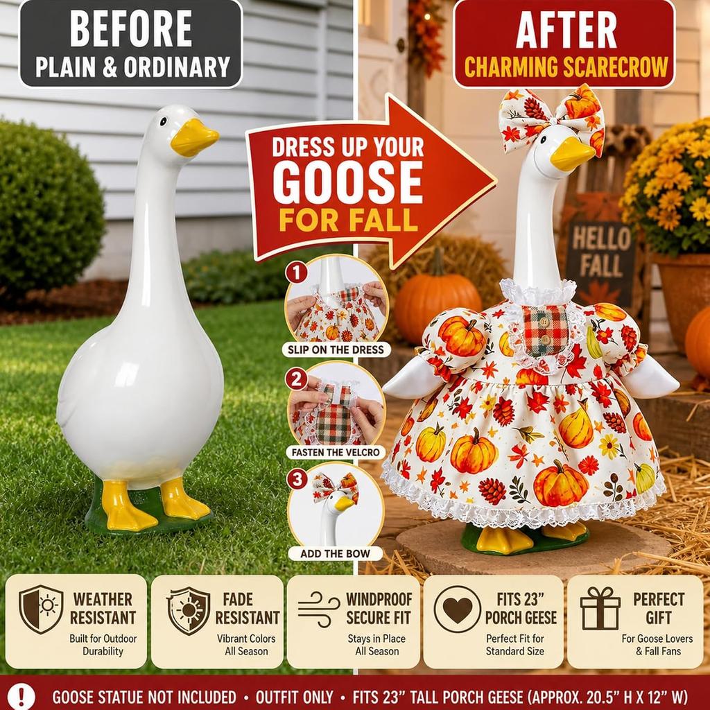 Autumn Porch Goose Clothing 23 "Lawn Statue Autumn Goose Clothing Set   Scarecrow Theme  including straw hat   plaid shirt   denim apron  suitable f