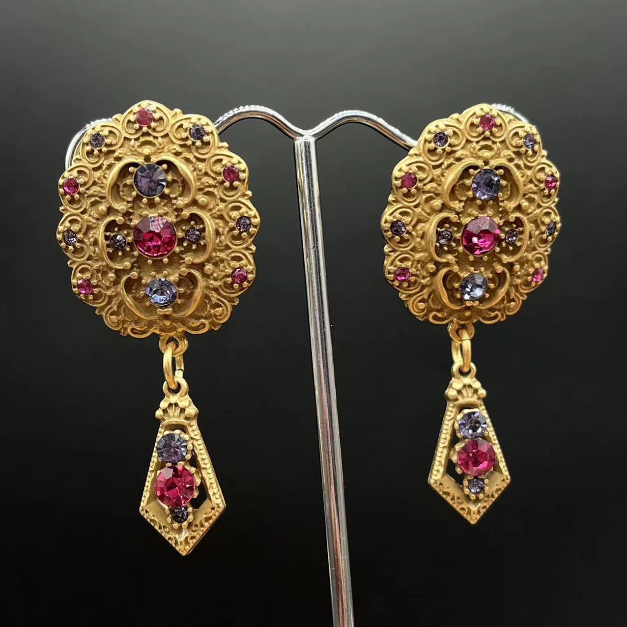 Ancient French Vintage Gold Plated Medal Gemstone Inlaid Pendant Earrings Rongrong Private Order Heavy Industry Copper Mirror