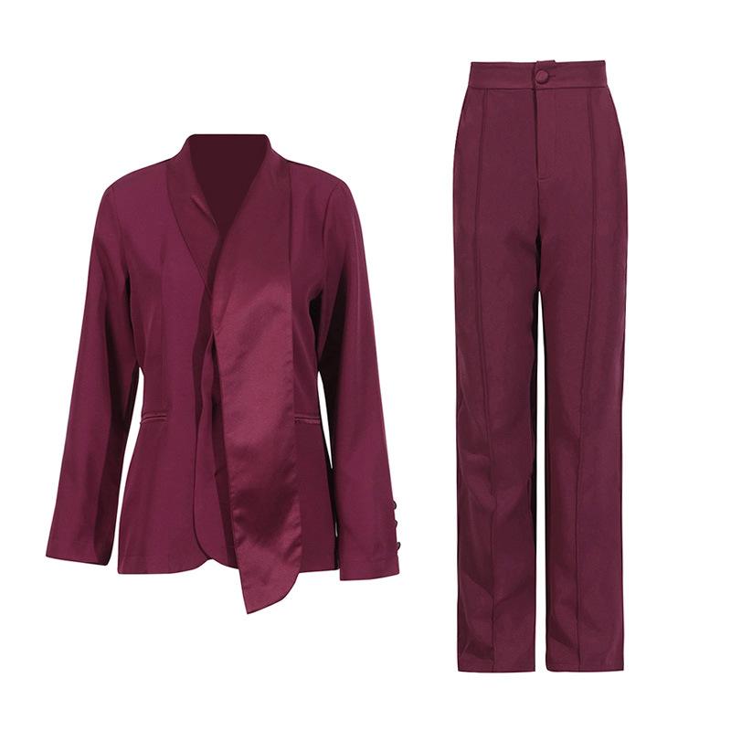 2025 Summer Women's Lapel Long-Sleeve Casual Two-Piece Suit: Solid Color Jacket & Straight Pants