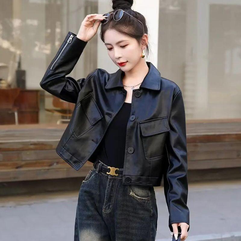 Women's Slimming Motorcycle Leather Jacket - Short, Versatile, Spring/Autumn 2025 Fashion for Petite Sizes
