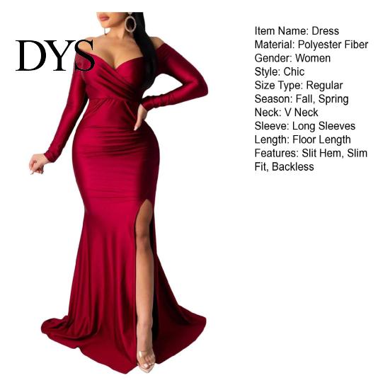 Slim Fit Dress Lady Evening V Neck Off Shoulder Side Slit Floor Length Long Ball Gown Sleeves Pleated Maxi Banquet Party Solid Color