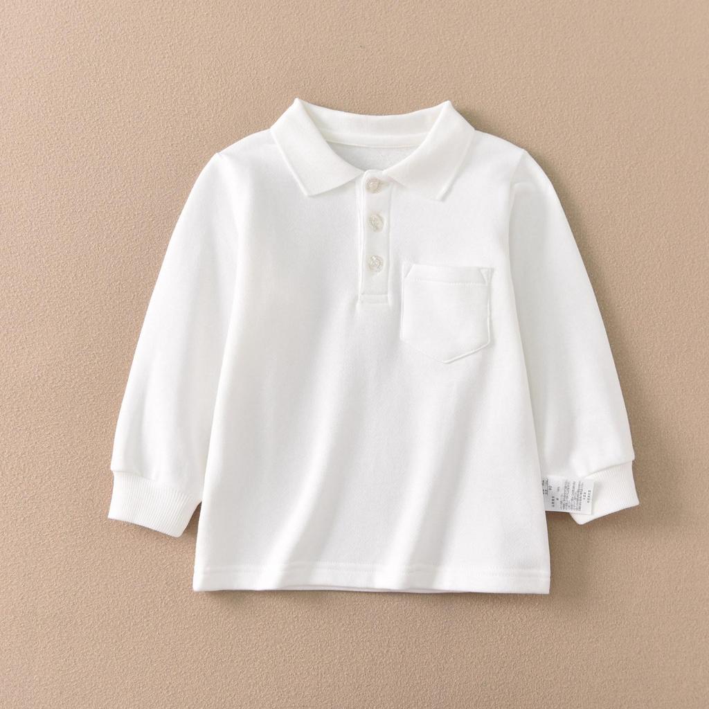 Kids' Solid Color Polo Shirt with Turn-Down Collar - White Fleece School Uniform, Pure Cotton, Thick Top