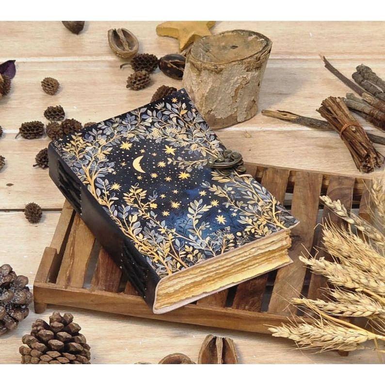 Grimoire Leather Journal • Moon And Tree Printed Blank Spell Book of Shadows Gifts For Women Vintage Journal.