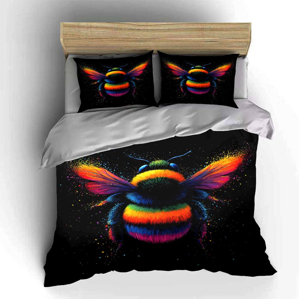 Colorful Rainbow Bee Design Bedding Duvet Cover Set (1*Duvet Cover 2*Pillowcases, Without Duvet Insert)