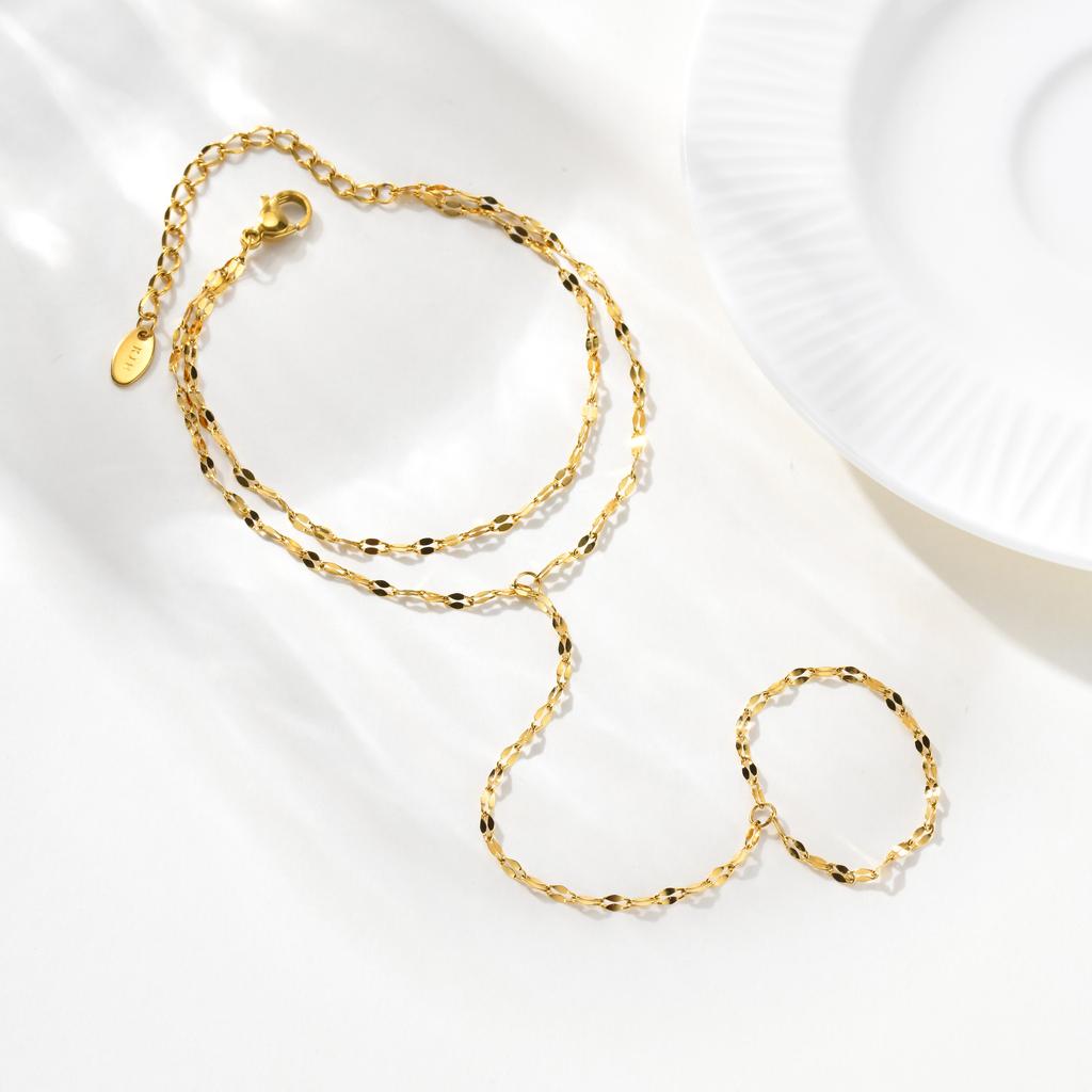 18K Gold Plated Stainless Steel Hand Chain Bracelet Finger Ring Double Layer Waterproof Jewelry for Women