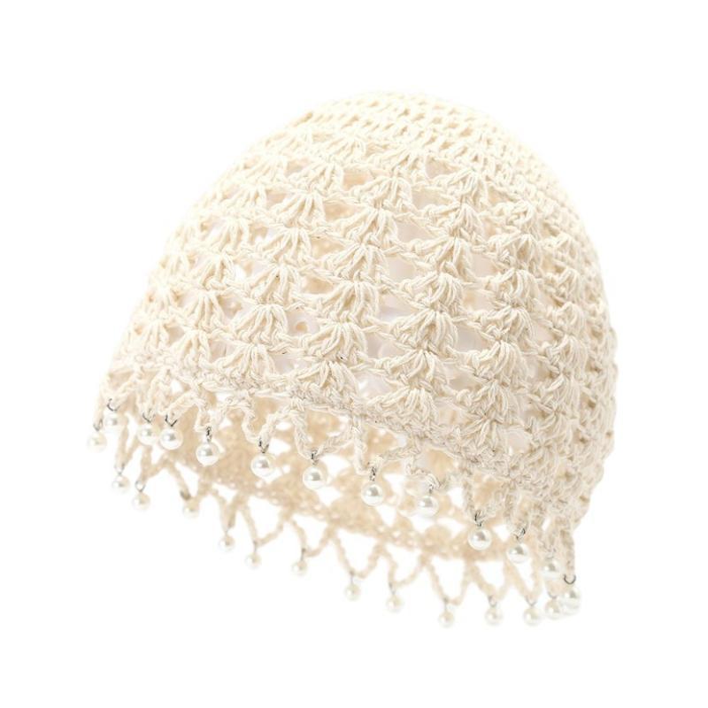 Beige Handmade Crochet Hat Hollow Out Design Faux Pearl Accents Perfect For Boho Daily Wear Vacation Trips