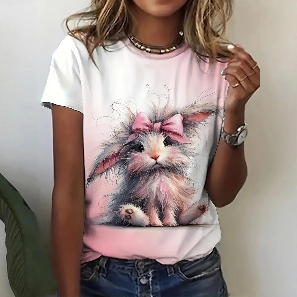 New Vintage Rabbit Print Women's T-shirt Plus Size Top 2024 Women's Clothing Fashion Short Sleeve Shirt Crew Blouse Summer