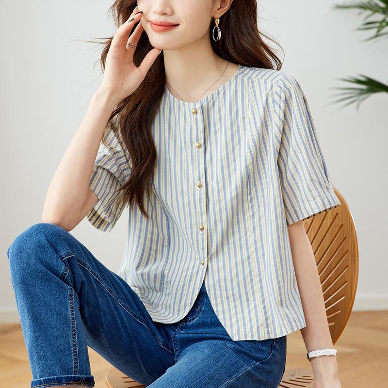 Retro Blue Striped Shirt for Women Design Short-sleeved Shirt for Summer New Small Shirt