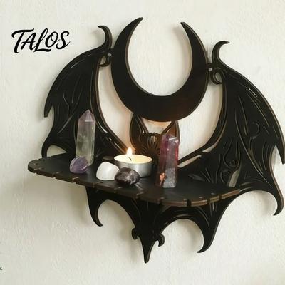 Arte da Parete in Legno Nero Pipistrello Gotico Scaffale, Staffa e Luna Rastrelliera Portaoggetti, Decorazione Creativa da Parete Scaffale Sospeso per Camera da Letto Soggiorno Halloween Stregonesca Casa