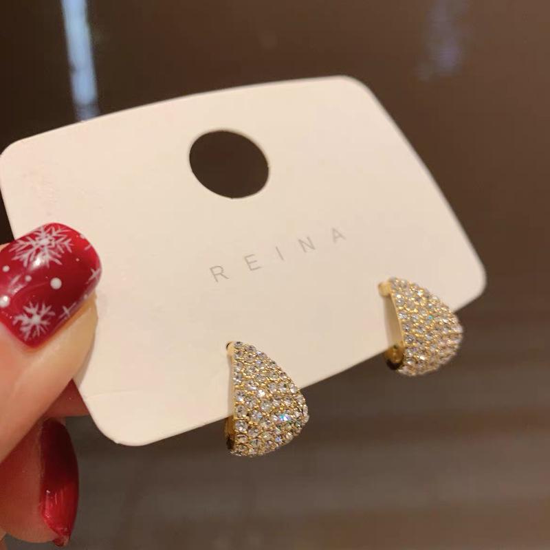 Korean Dongdaemun Minimalist Diamond Teardrop Hoop and Metal Stud Earrings for Women