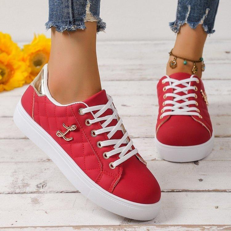 

New Women s Diamond Quilted Sneakers - Metal Accent Platform Shoes with Anti-Slip Sole, Spring/Fall Fashion Flats 38