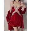 Silver Fine Glitter Velvet Suspender Pajamas Women's Nightgown Lace Sexy Pajamas with Chest Pad Set