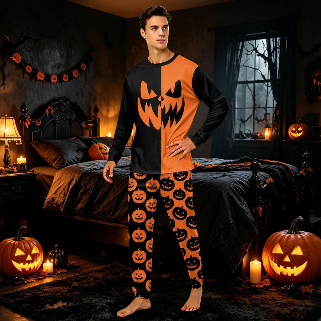 Family Matching Halloween Pajama Set - Long Sleeve Top and Long Pants with Round Neck for Women and Kids