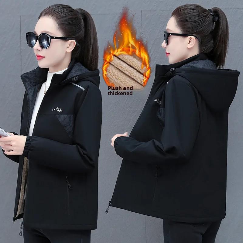 

Модная женская куртка для улицы, ветрозащитная, водонепроницаемая, на флисовой подкладке, осень/зима, новый стиль, для мам среднего возраста, с капюшоном, съемная S чёрный