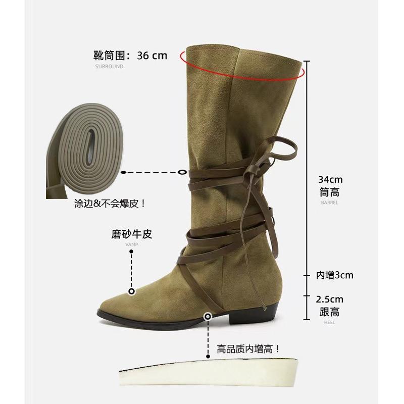 Sheepskin~ Leather Pointed Pile Boots Women's Western Cowboy Boots Vintage Strap Mid-Tall Knight Boots