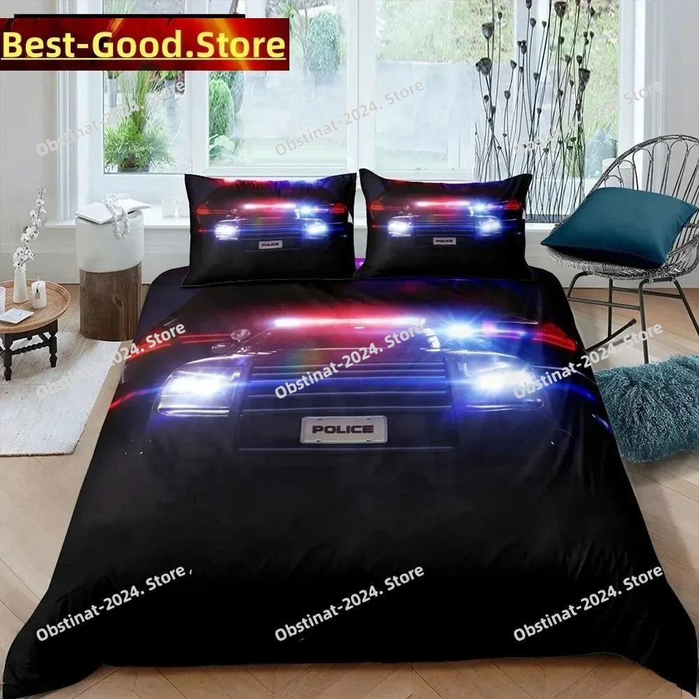 Copripiumino King Queen Auto della Polizia Set Biancheria da Letto Auto Cartone Animato Bambini Ragazzi Blu Grigio Veicoli di Emergenza Copripiumino in Poliestere