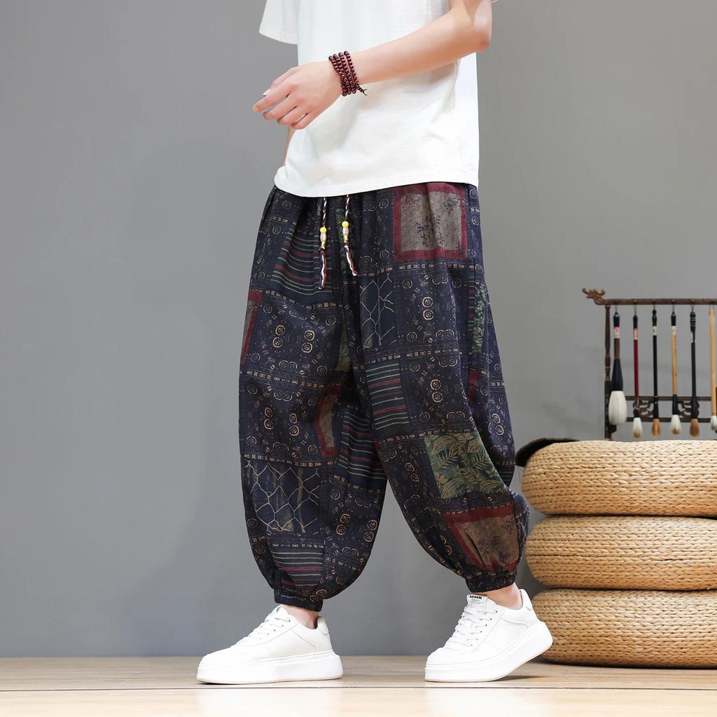 Pantaloni Stampati Stile Etnico Estivi Sottili Coulisse Pantaloni a Lanterna Cinesi Taglie Forti Gamba Larga Pantaloni Harem Bassi Casual Larghi