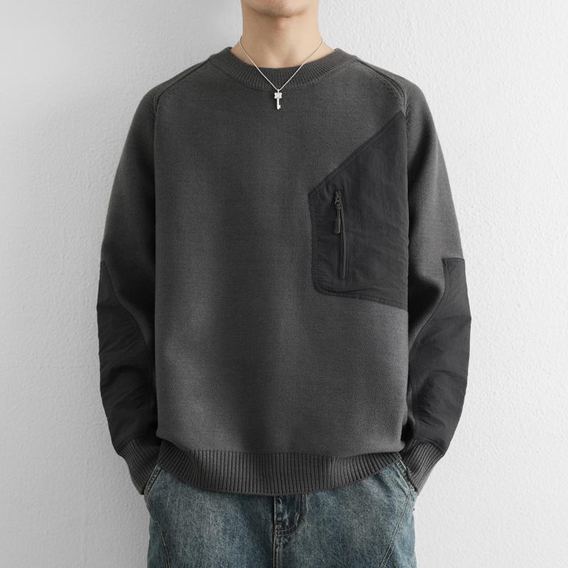 

Solid Color Pullover Pocket Long-sleeved Threaded Sweater Round Collar Top L серый