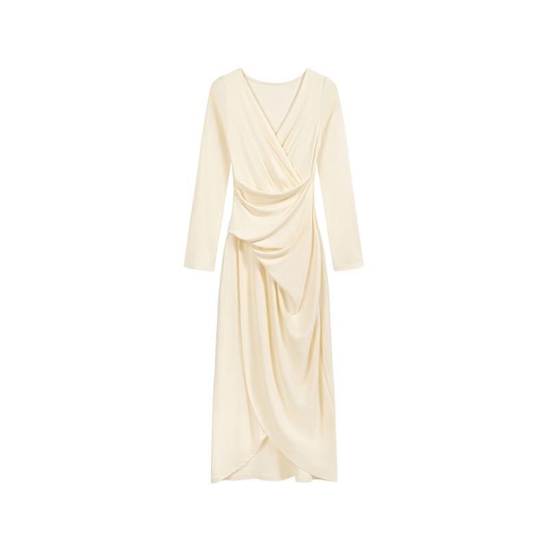 2026 Autumn/Winter Elegant V-Neck Long Sleeve Pleated Waist Split Skirt Dress for Women