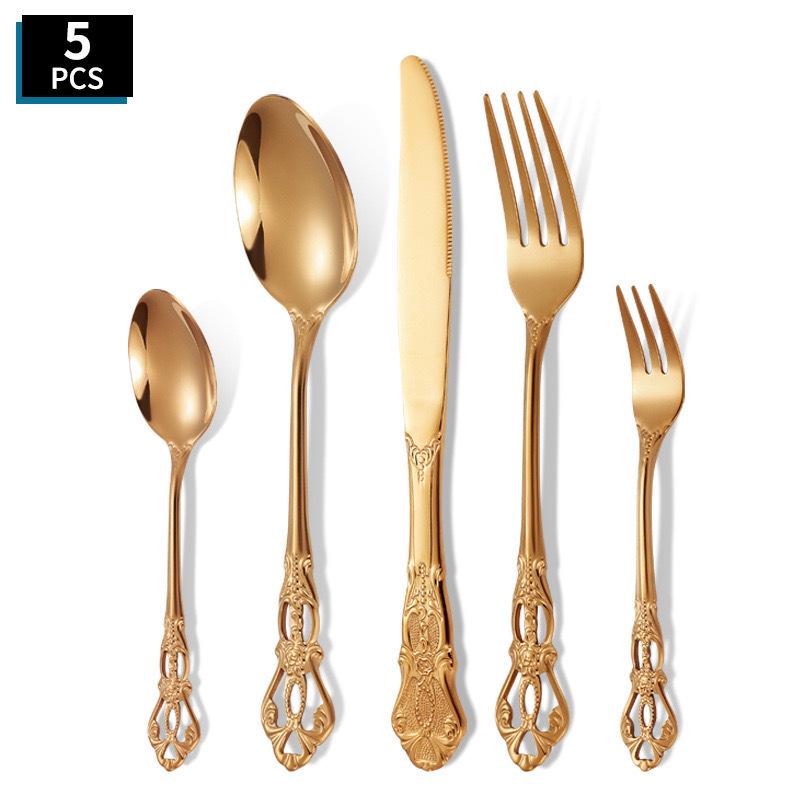 Royal Court Embossed Stainless Steel Cutlery Set – Retro Hollowed Knife, Fork, and Spoon