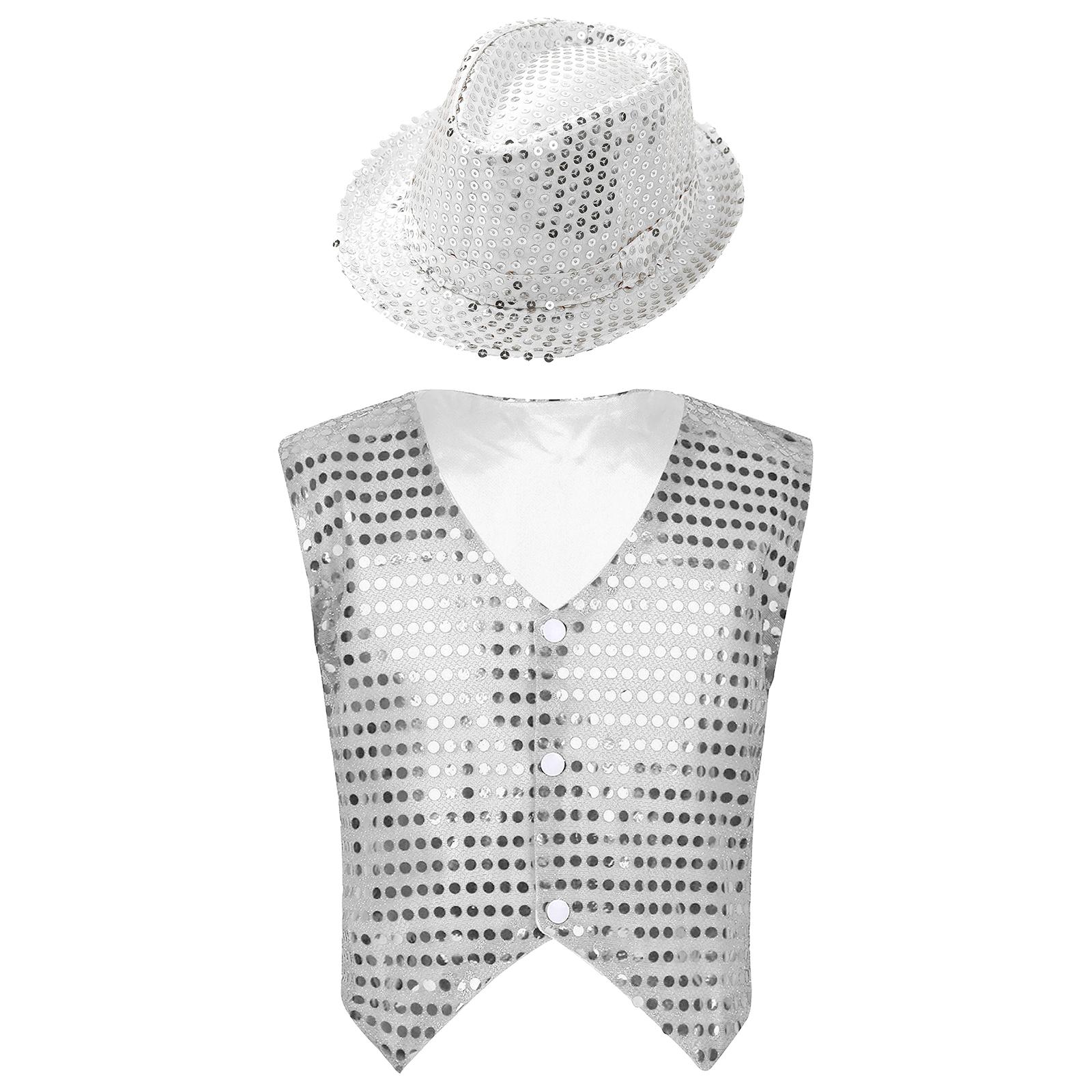 

Жилет для джазовых танцев для мальчиков, блестящий, с пайетками и соответствующей шляпой 14-15 Years белый