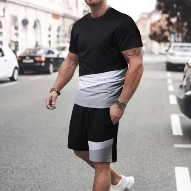 2-teiliges Herren-Outfit mit geometrischem Muster, trendiges lässiges T-Shirt und Shorts mit Rundhalsausschnitt, kurzärmelig, für das Training im Frühling und Sommer, bedruckte Herrenkleidung