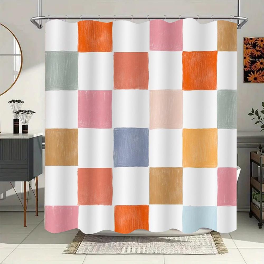 Colorful Checkered Shower Curtain – Painted-Style Squares on White, Polyester, 12 Hooks, Machine Washable, 180x180cm71x71in