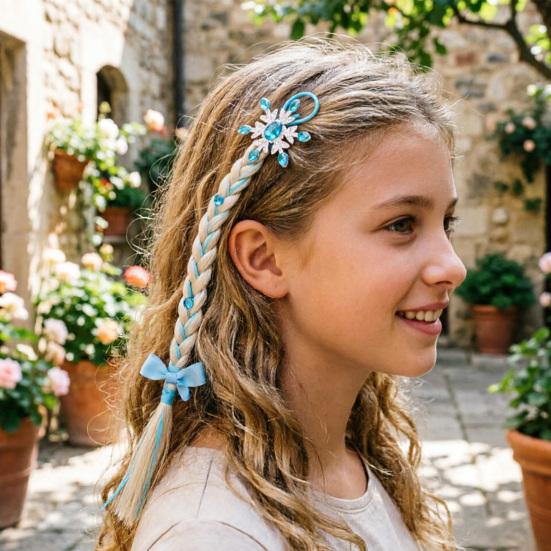 Kids Ponytail Extension with Hair Tie Rhinestone Snowflake Bow Halloween Costume Party Girls Wrap Around Synthetic Long Ponytail Hair Extension