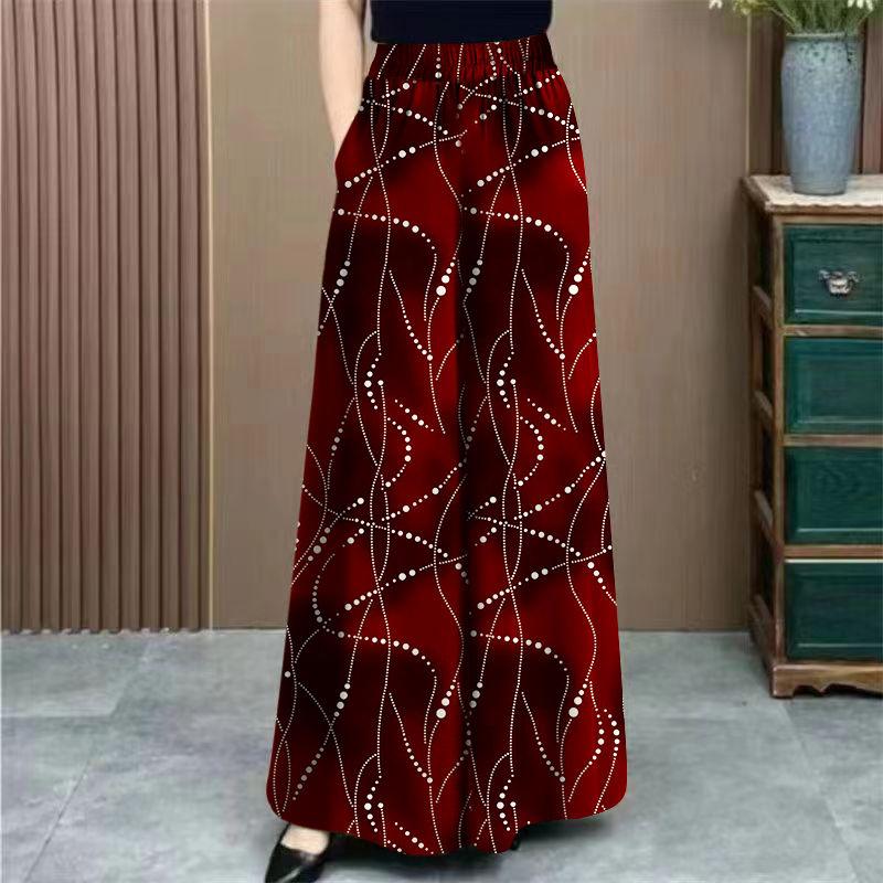 Plus Size Ice Silk Floral Print Wide Leg Pants Summer New High Waist Slimming Casual Elegant Mom Pants Skirt