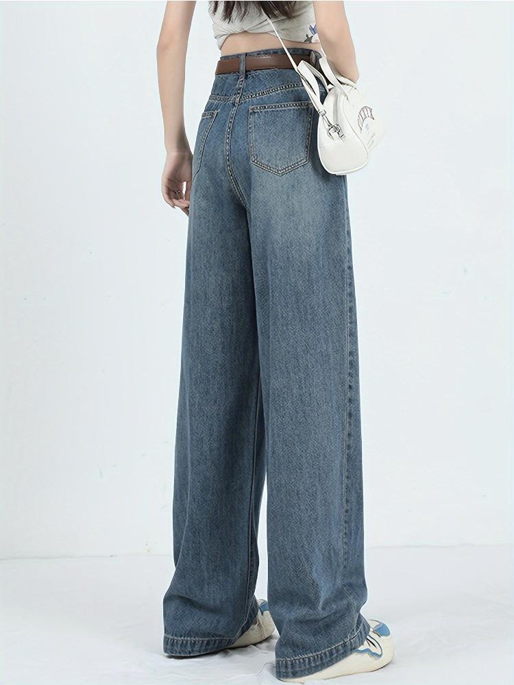 Einfache Retro-Stil Loose Fit Jeans mit Falten und Schrägtaschen Denimhosen ohne Gürtel Damenjeans & Kleidung