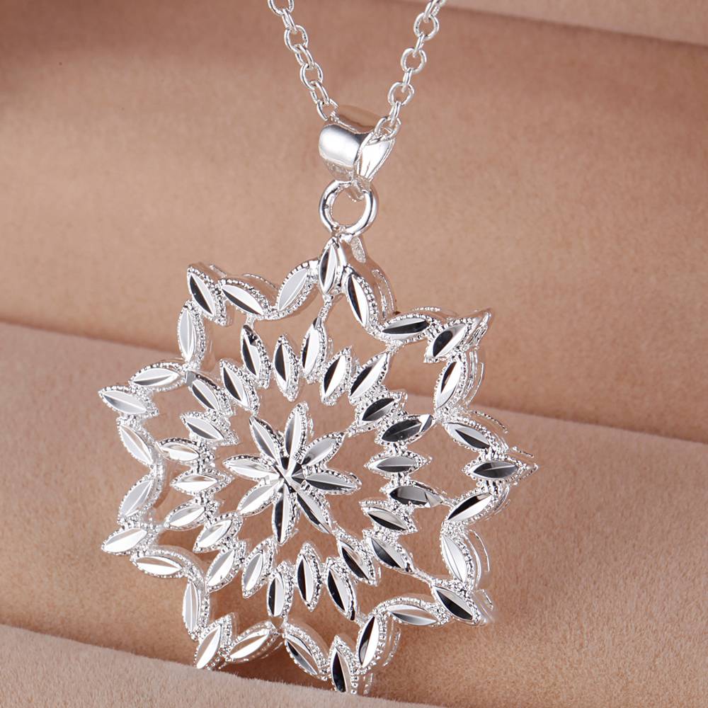 925 Silver Flower Pendant Necklace for Women Wedding Engagement Party Gift