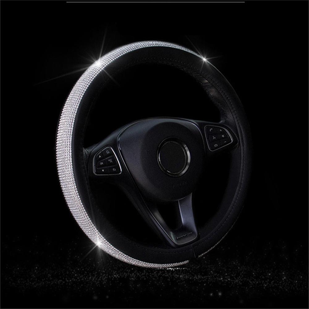 15" 38cm Bling Rhinestone Car Interior Steering Wheel Cover Black PU Leather