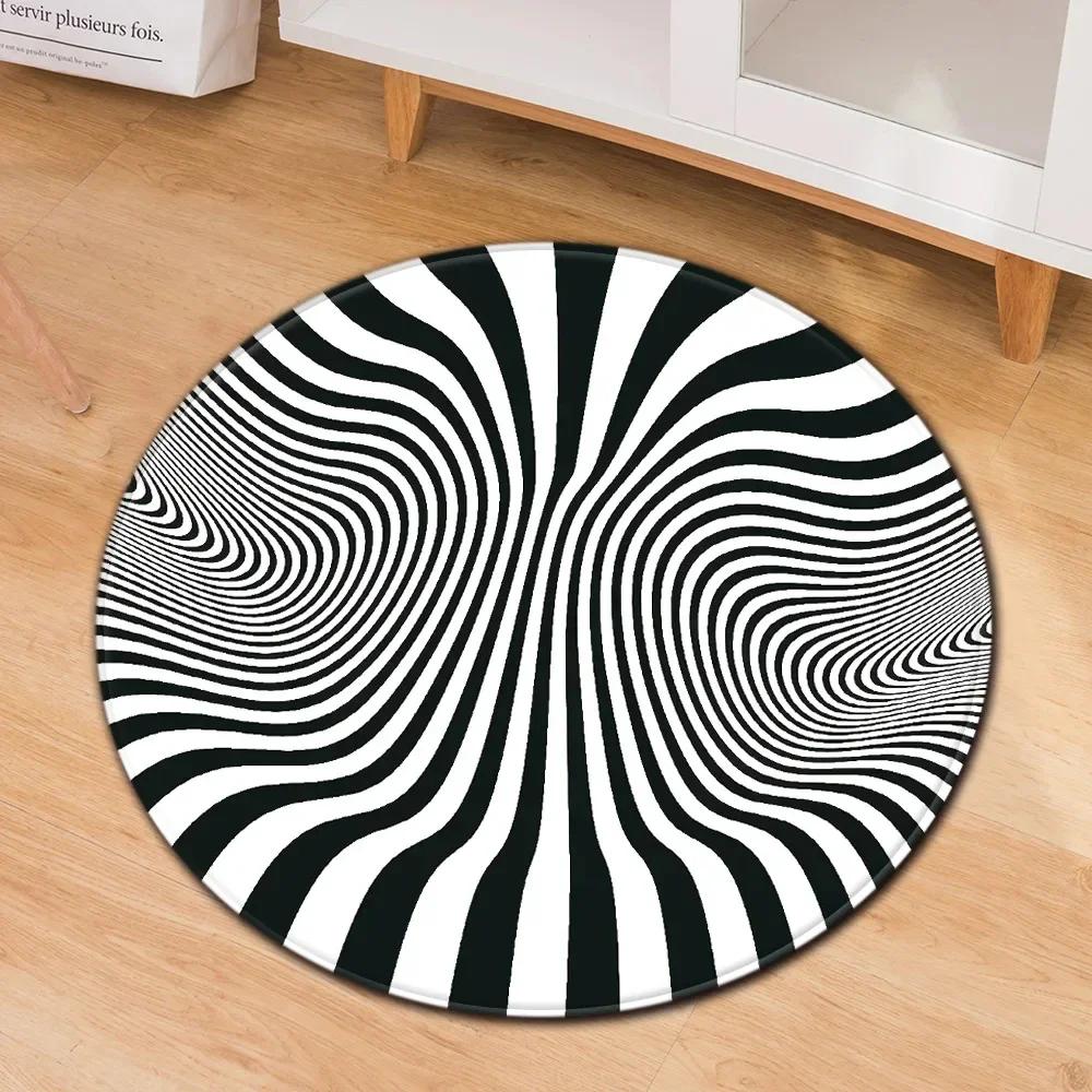 Crystal Velvet Psychedelic Round Rug,Black  White Geometric Illusion Print Non Slip Floor Mat for Living Room,Coffee Table,Decor