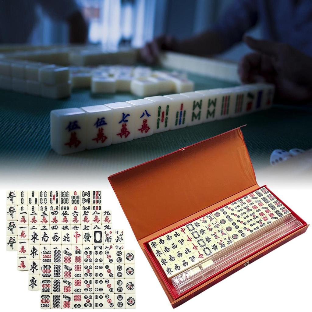 Portable Travel Mahjong Set 144 Sheets Classic Tiles Games Chinese Mahjong Game Set for Travel Party Boys and Girls Adults Kids