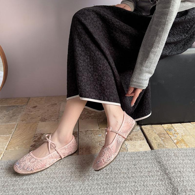 Gentle evening breeze bow ballet shoes girl 2025 new fairy hollow mesh lace embroidered shoes single shoes