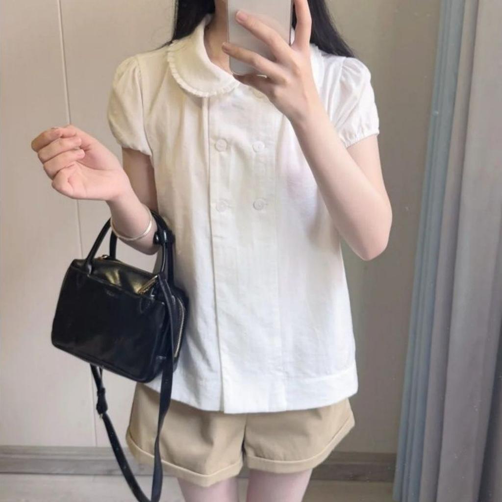 Summer new sweet style doll collar bubble sleeve shirt women's design sense loose and thin versatile top