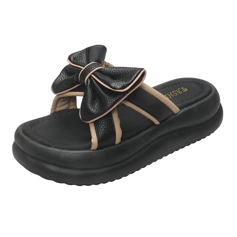 

Bow comfortable cool slippers female new summer wear little fairy thick bottom one word slippers female 40 чёрный