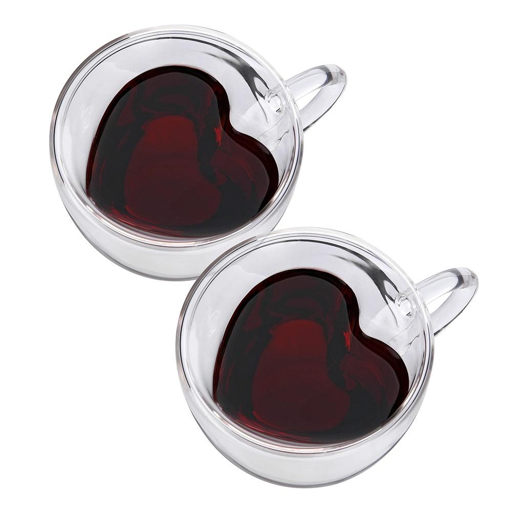 1/2 paquet Tasse Cœur Tasse Couple Verre Double Paroi Isolé Tasse à Thé Transparente avec Poignée pour Café, Cappuccino, Latte, Boissons au Lait
