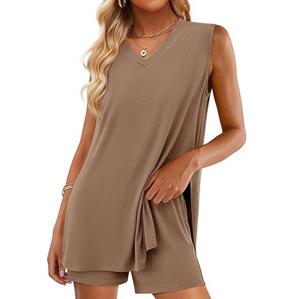 Women's Fashion Casual V-Neck Sleeveless Top Shorts with Pockets Set