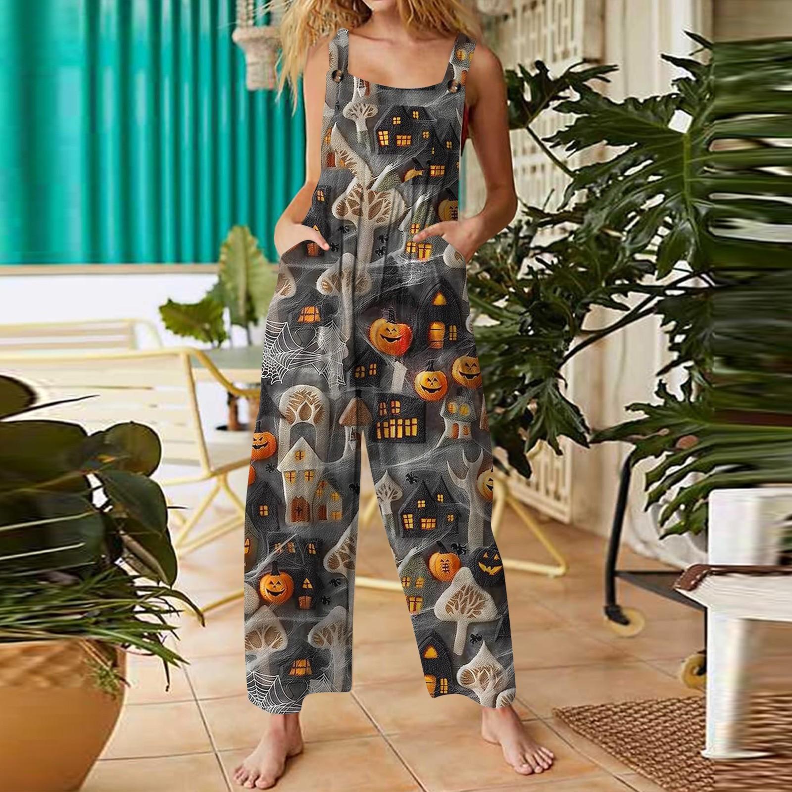

Женский комбинезон с принтом на Хэллоуин, повседневный, свободный, в стиле ретро, из хлопка и льна, комбинезон с карманами L
