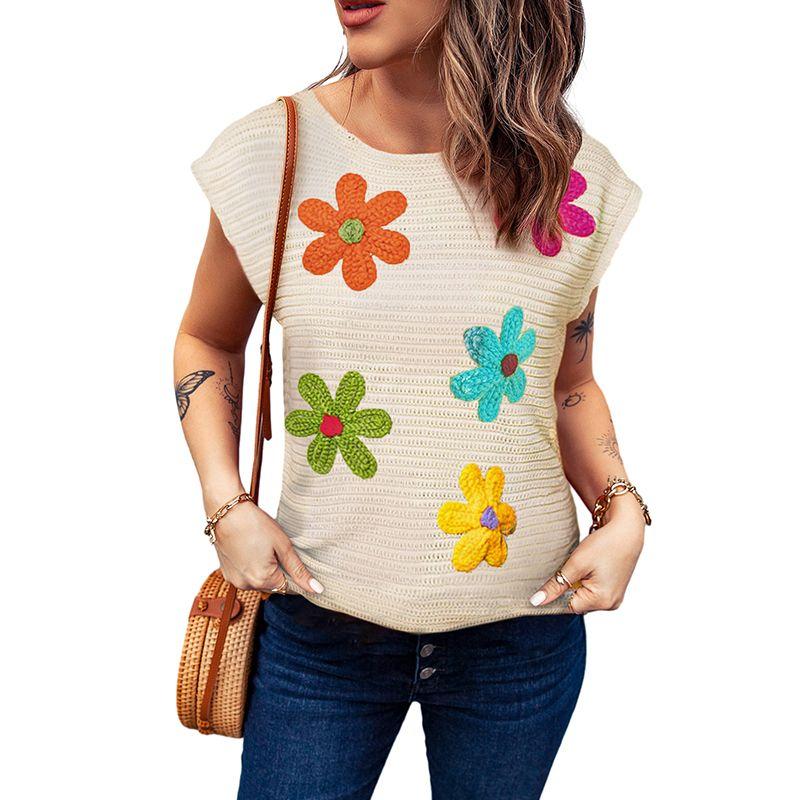 European and American Fashion Flower Crochet round Neck Short sleeve T-shirt Women 2025 Summer Thin Breathable Knitted Three-Quarter Sleeve Top